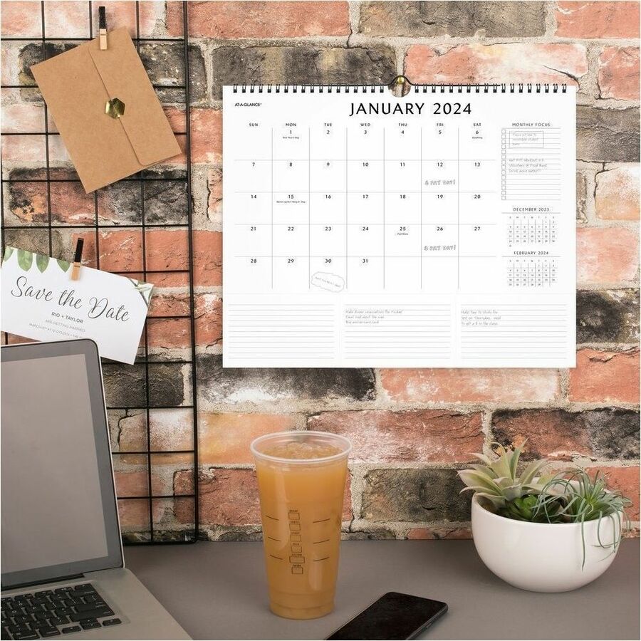 At-A-Glance Elevation Wall Calendar - Medium Size - Monthly - 12 Month - January 2024 - December 2024 - 1 Month Single Page Layout - 15" x 12" White Sheet - Wire Bound - White - Paper - Schedule Section, Important Date, Notes Area, Tear-off, Dated Pl