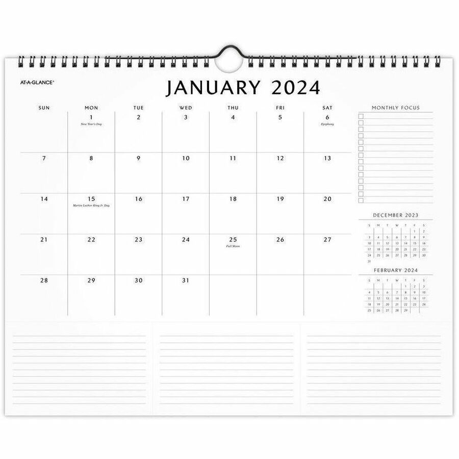 At-A-Glance Elevation Wall Calendar - Medium Size - Monthly - 12 Month - January 2024 - December 2024 - 1 Month Single Page Layout - 15" x 12" White Sheet - Wire Bound - White - Paper - Schedule Section, Important Date, Notes Area, Tear-off, Dated Pl