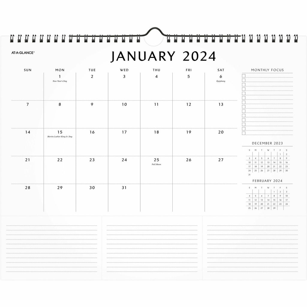 At-A-Glance Elevation Wall Calendar - Medium Size - Monthly - 12 Month - January 2024 - December 2024 - 1 Month Single Page Layout - 15" x 12" White Sheet - Wire Bound - White - Paper - Schedule Section, Important Date, Notes Area, Tear-off, Dated Pl
