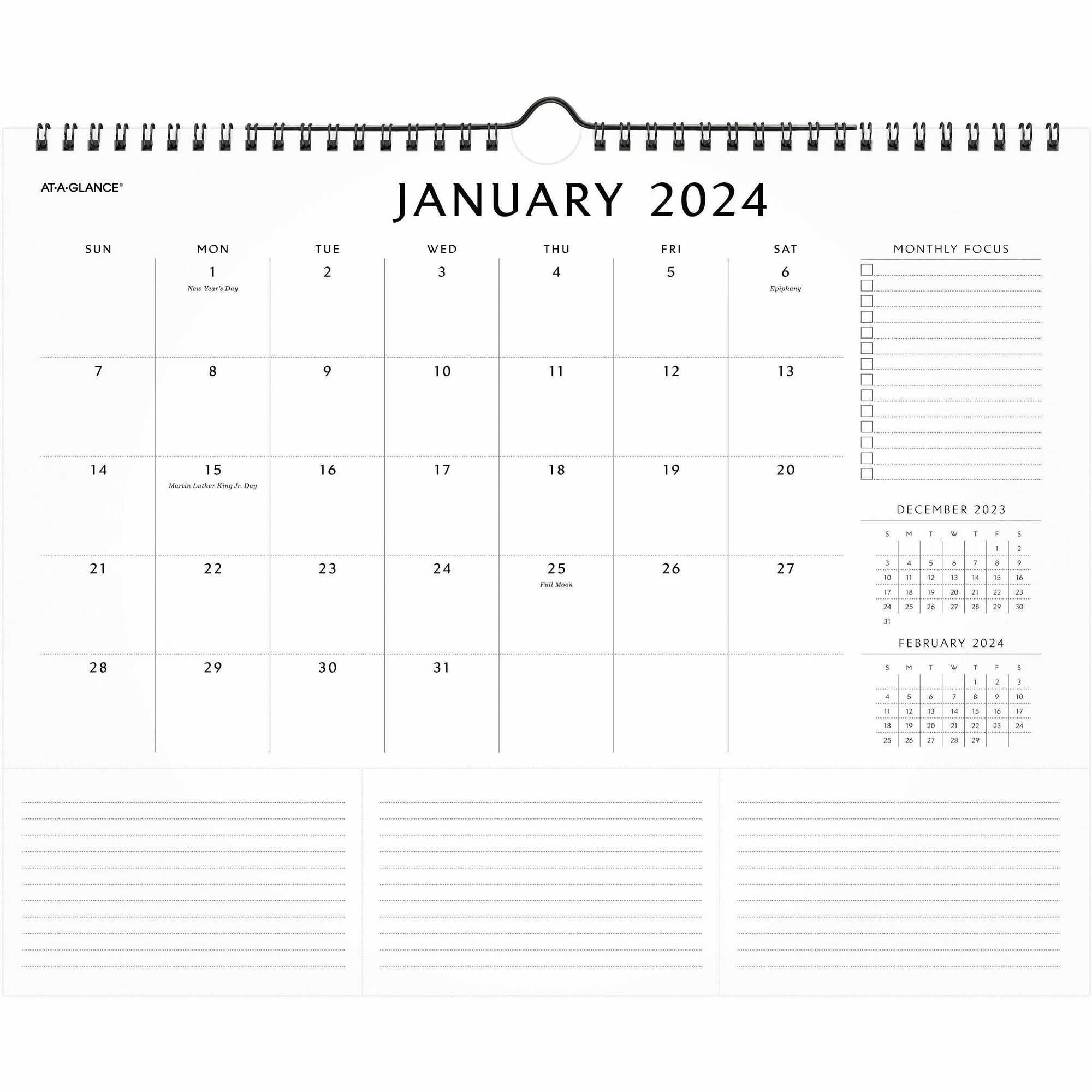 At-A-Glance Elevation Wall Calendar - Medium Size - Monthly - 12 Month - January 2024 - December 2024 - 1 Month Single Page Layout - 15" x 12" White Sheet - Wire Bound - White - Paper - Schedule Section, Important Date, Notes Area, Tear-off, Dated Pl