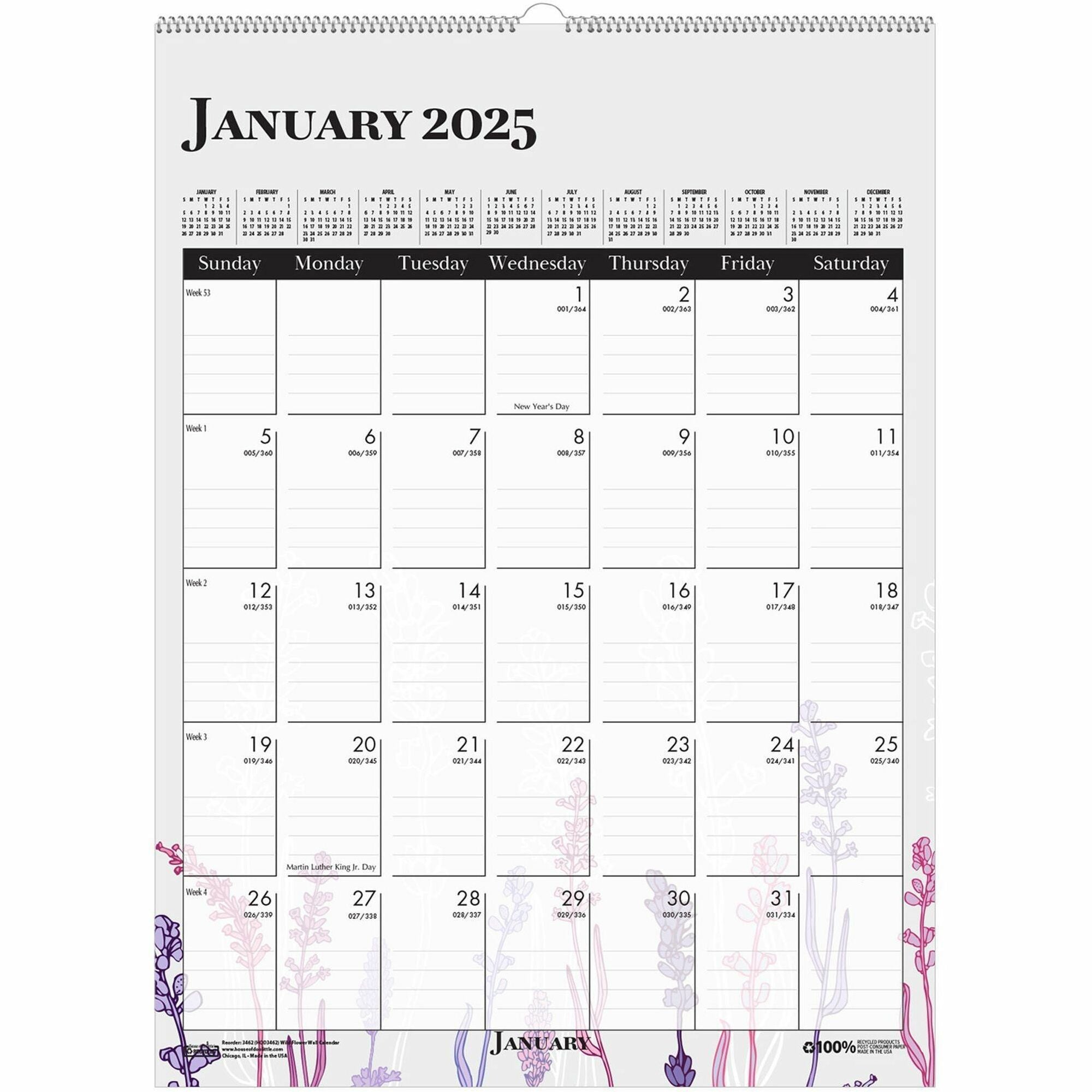 house-of-doolittle-wild-flower-monthly-wall-calendar-large-size-julian-dates-monthly-12-month-january-december-1-month-single-page-layout-wire-bound-chipboard-165-height-x-12-width-dated-planning-page-hanging-loop-durable_hod3462 - 1