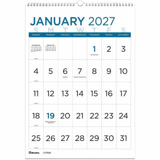 Blueline Large Print Monthly Wall Calendar - Monthly - 12 Month - January 2024 - December 2024 - 1 Month Single Page Layout - Twin Wire - Light Blue - Chipboard - 17" Height x 12" Width - Sturdy, Reinforced, Eyelet, Ruled Daily Block, Reference Calen