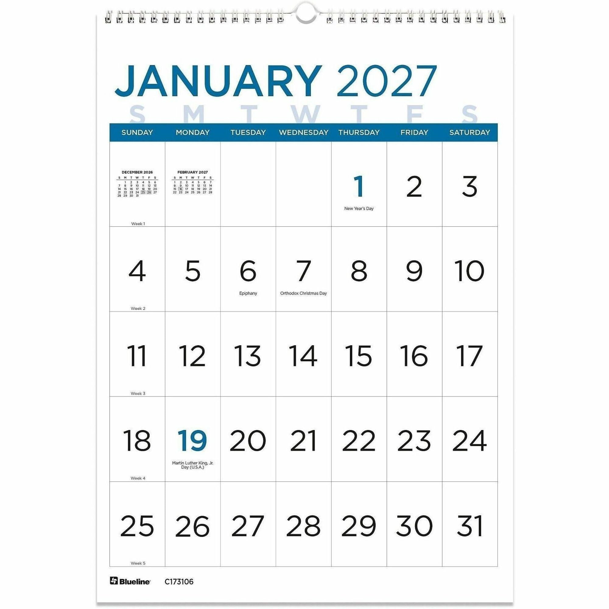 Blueline Large Print Monthly Wall Calendar - Monthly - 12 Month - January 2024 - December 2024 - 1 Month Single Page Layout - Twin Wire - Light Blue - Chipboard - 17" Height x 12" Width - Sturdy, Reinforced, Eyelet, Ruled Daily Block, Reference Calen