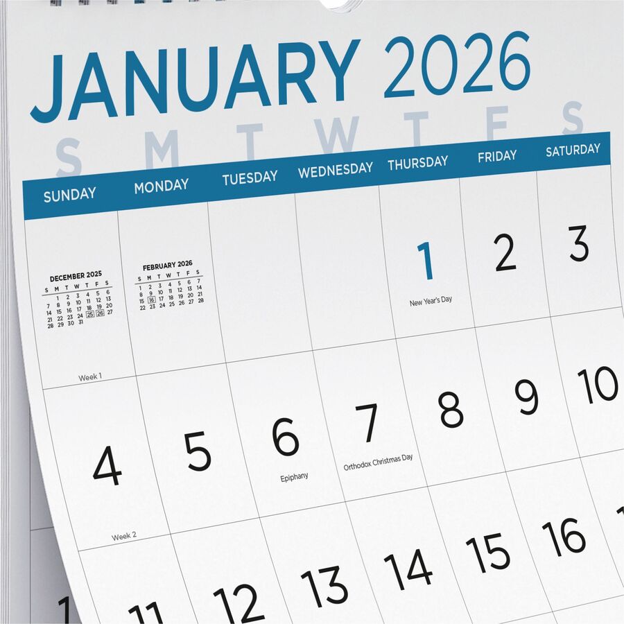 Blueline Large Print Monthly Wall Calendar - Monthly - 12 Month - January 2024 - December 2024 - 1 Month Single Page Layout - Twin Wire - Light Blue - Chipboard - 17" Height x 12" Width - Sturdy, Reinforced, Eyelet, Ruled Daily Block, Reference Calen