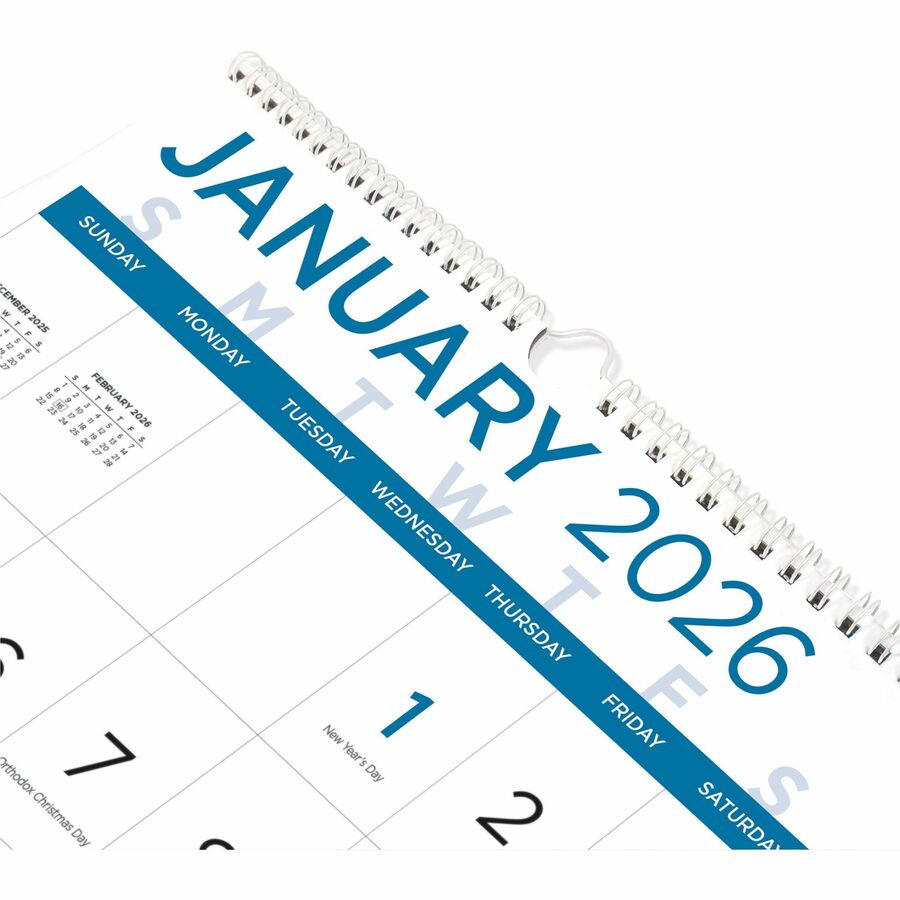 Blueline Large Print Monthly Wall Calendar - Monthly - 12 Month - January 2024 - December 2024 - 1 Month Single Page Layout - Twin Wire - Light Blue - Chipboard - 17" Height x 12" Width - Sturdy, Reinforced, Eyelet, Ruled Daily Block, Reference Calen
