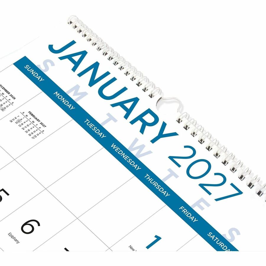 Blueline Large Print Monthly Wall Calendar - Monthly - 12 Month - January 2024 - December 2024 - 1 Month Single Page Layout - Twin Wire - Light Blue - Chipboard - 17" Height x 12" Width - Sturdy, Reinforced, Eyelet, Ruled Daily Block, Reference Calen