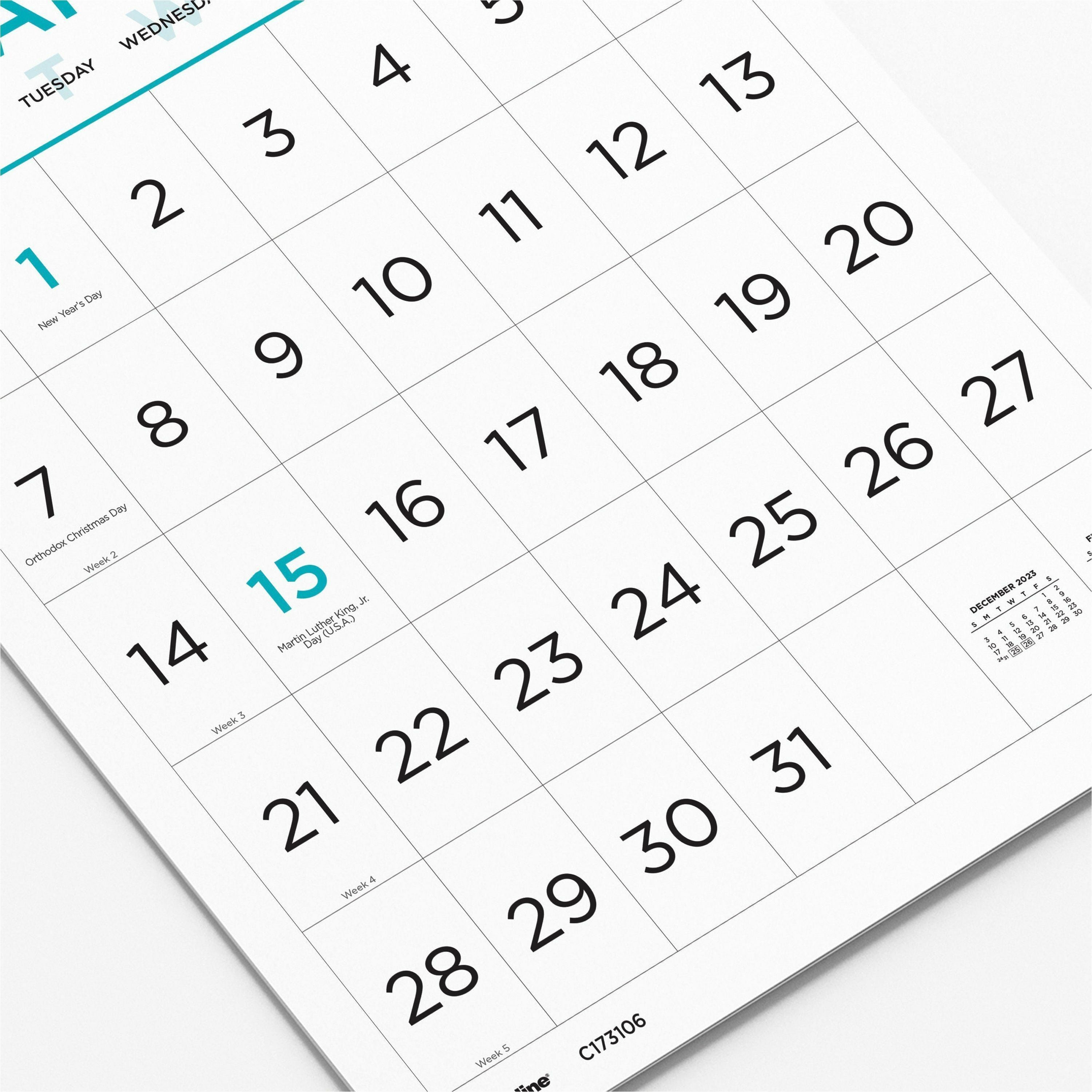 blueline-large-print-monthly-wall-calendar-monthly-12-month-january-2024-december-2024-1-month-single-page-layout-twin-wire-light-blue-chipboard-17-height-x-12-width-sturdy-reinforced-eyelet-ruled-daily-block-reference-calen_redc173106 - 2