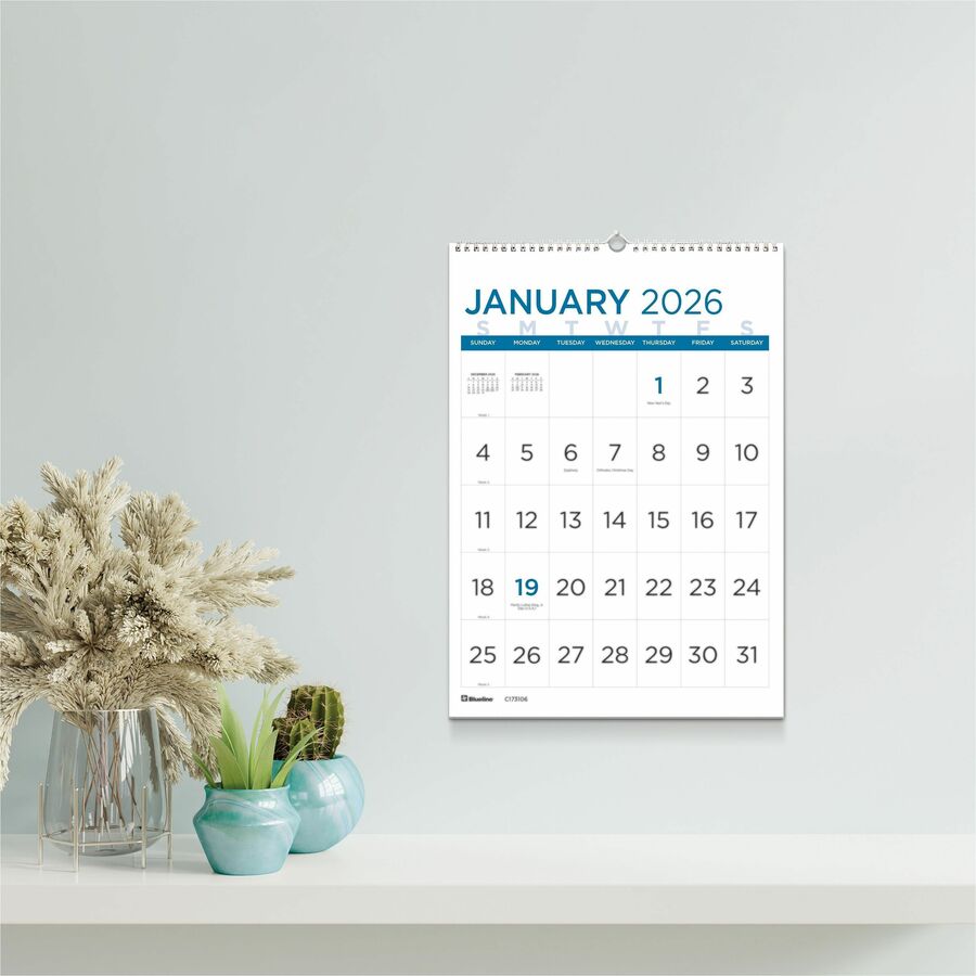 Blueline Large Print Monthly Wall Calendar - Monthly - 12 Month - January 2024 - December 2024 - 1 Month Single Page Layout - Twin Wire - Light Blue - Chipboard - 17" Height x 12" Width - Sturdy, Reinforced, Eyelet, Ruled Daily Block, Reference Calen