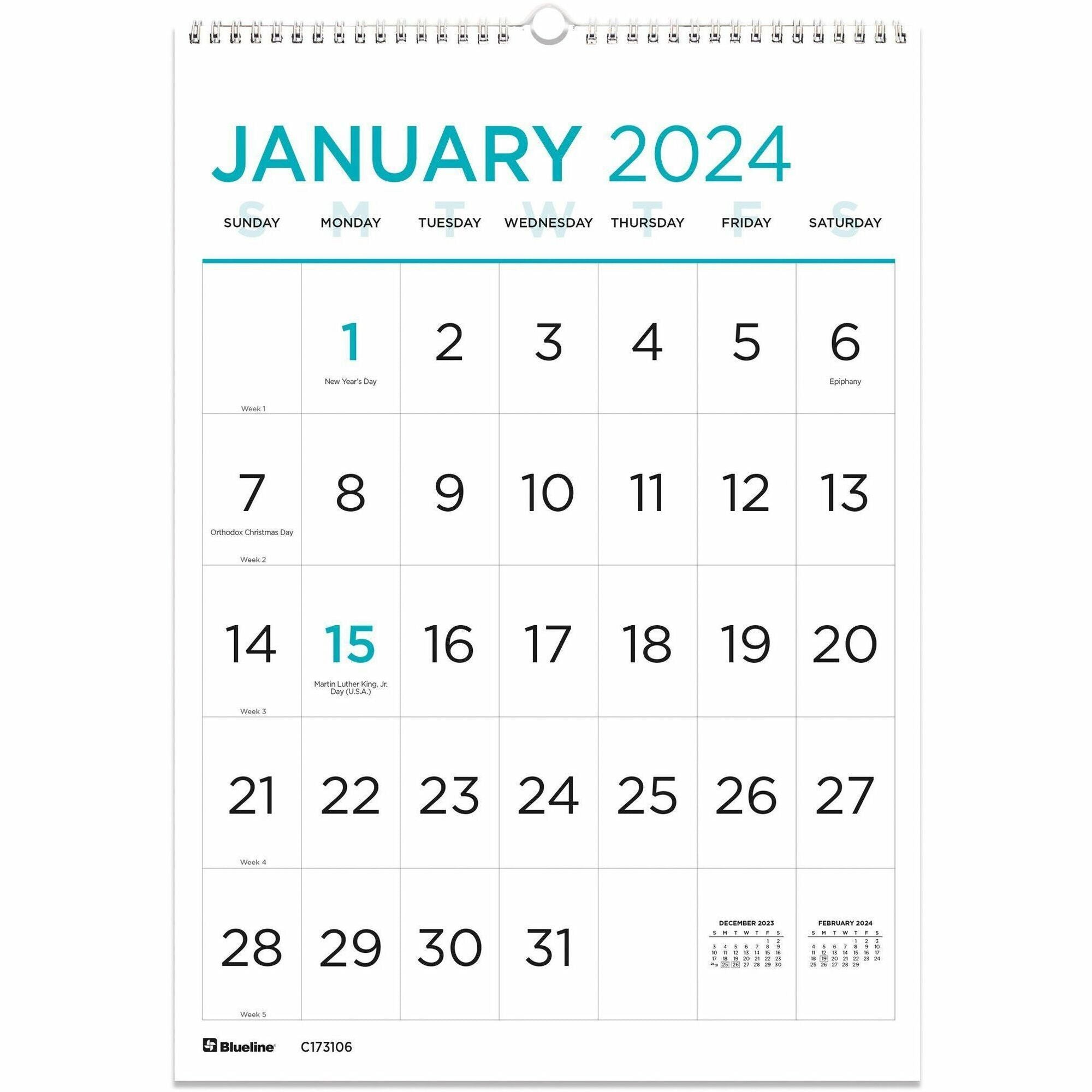 blueline-large-print-monthly-wall-calendar-monthly-12-month-january-2024-december-2024-1-month-single-page-layout-twin-wire-light-blue-chipboard-17-height-x-12-width-sturdy-reinforced-eyelet-ruled-daily-block-reference-calen_redc173106 - 1