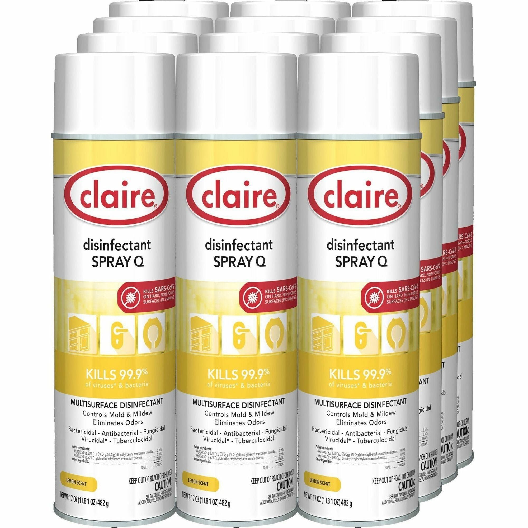 Claire Multipurpose Disinfectant Spray - Ready-To-Use - 17 fl oz (0.5 quart) - Lemon Scent - 12 / Carton - Antibacterial - Yellow