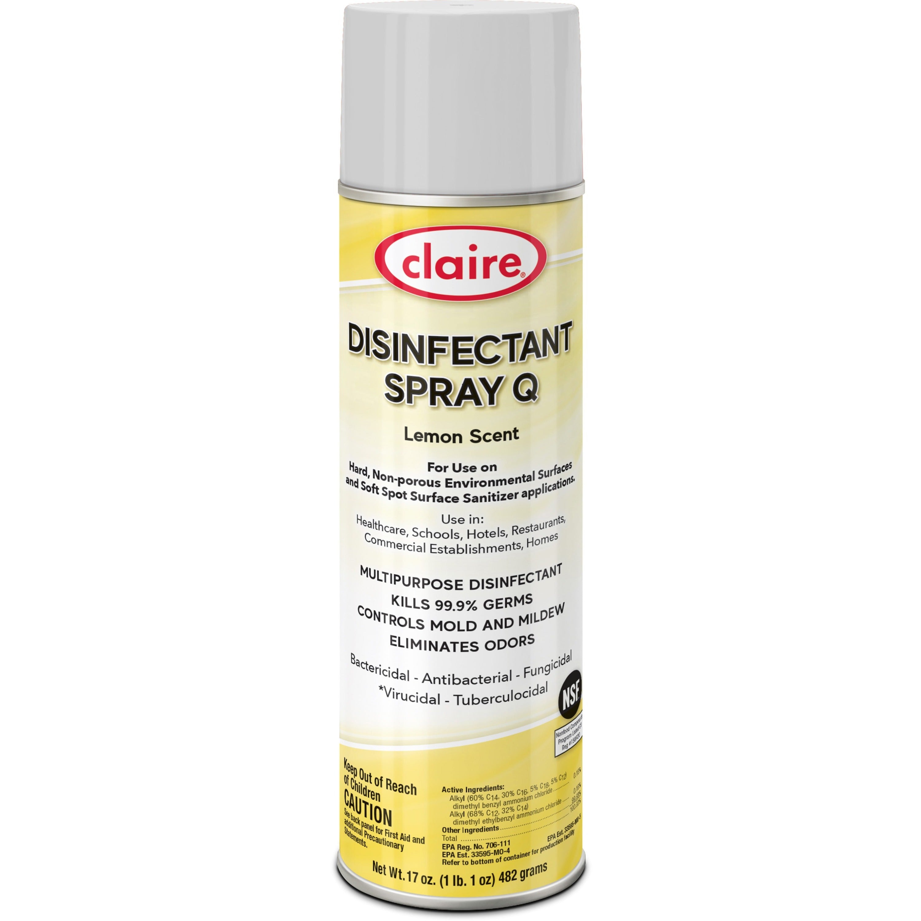 Claire Multipurpose Disinfectant Spray - Ready-To-Use - 17 fl oz (0.5 quart) - Lemon Scent - 12 / Carton - Antibacterial - Yellow - 1