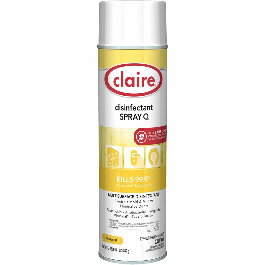Claire Multipurpose Disinfectant Spray - Ready-To-Use - 17 fl oz (0.5 quart) - Lemon Scent - 12 / Carton - Antibacterial - Yellow