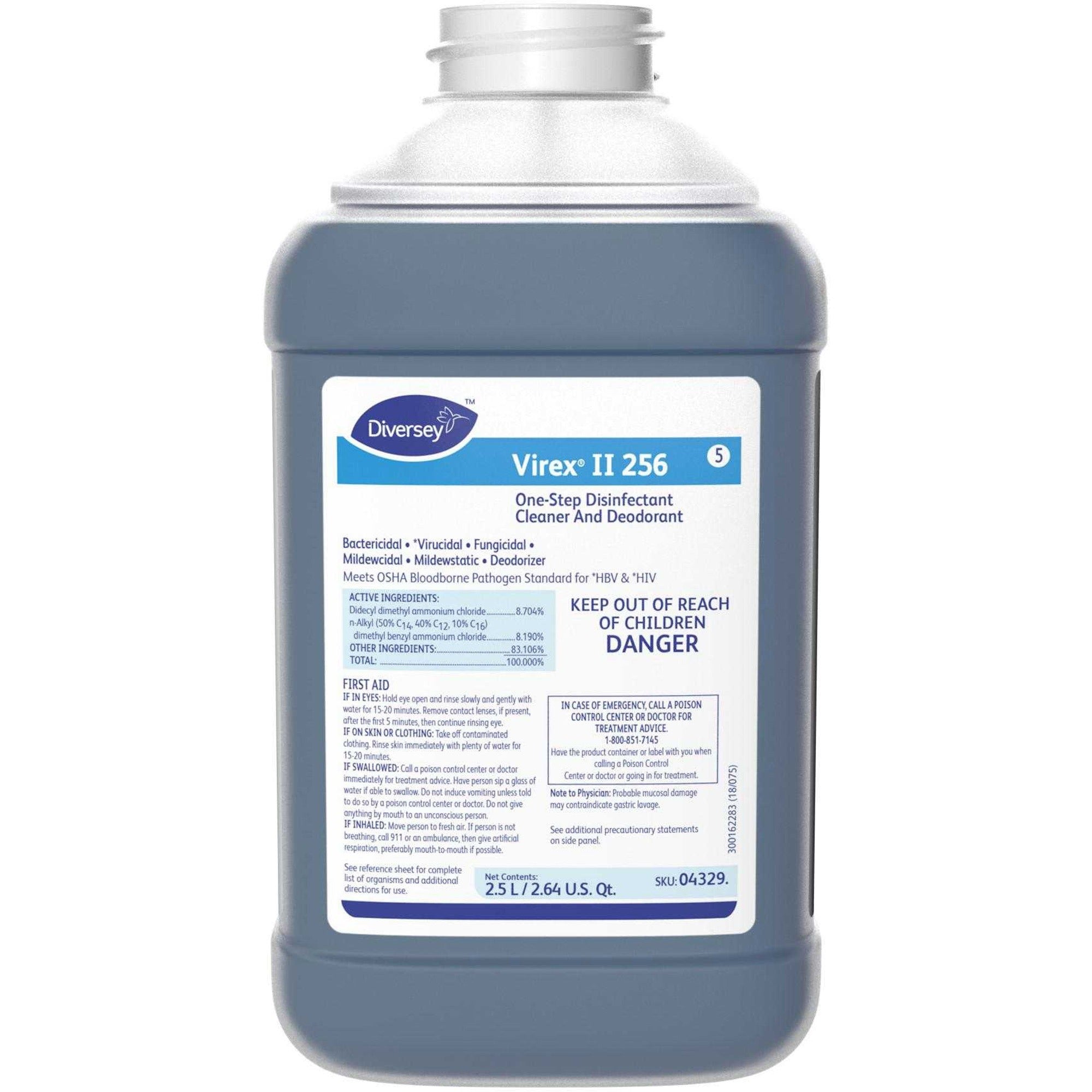 diversey-virex-ii-256-disinfectant-cleaner-concentrate-845-fl-oz-26-quart-minty-scent-2-carton-deodorize-non-porous-deodorant-blue_dvo04329 - 1