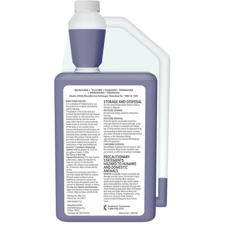 Diversey Virex II 256 Disinfectant Cleaner - Concentrate - 32 fl oz (1 quart) - Minty Scent - 6 / Carton - Deodorant, Antibacterial, Non-porous - Blue