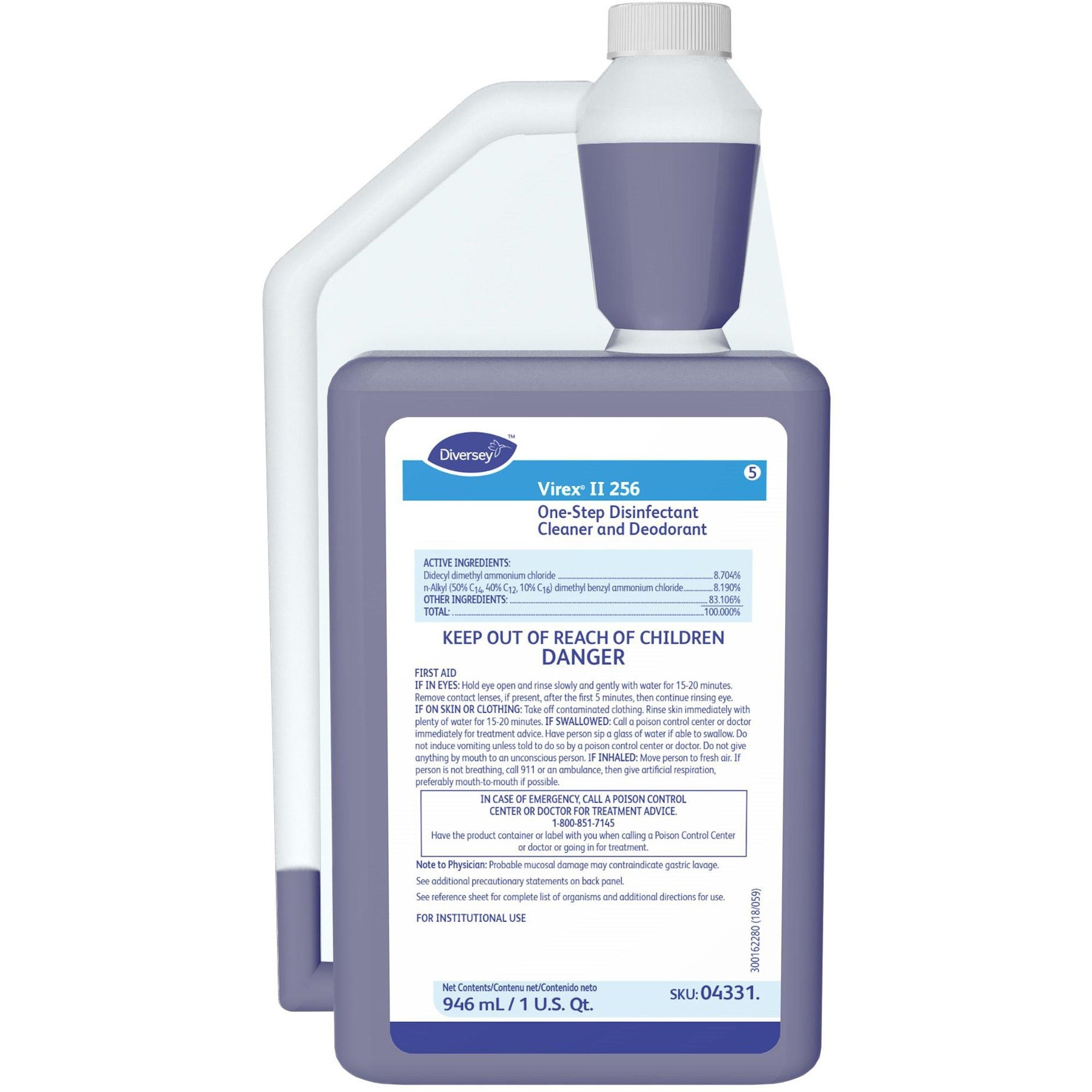 diversey-virex-ii-256-disinfectant-cleaner-concentrate-32-fl-oz-1-quart-minty-scent-6-carton-deodorant-antibacterial-non-porous-blue_dvo04331 - 1