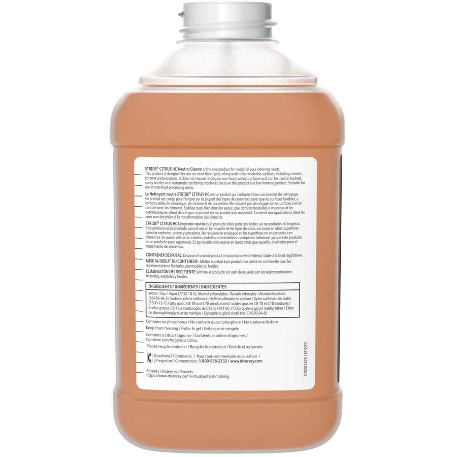 Diversey Stride Citrus Neutral Cleaner - Concentrate - 84.5 fl oz (2.6 quart) - Citrus Scent - 2 / Carton - Non Alkaline, Low Foaming, pH Neutral, Film-free, Phosphorous-free - Orange