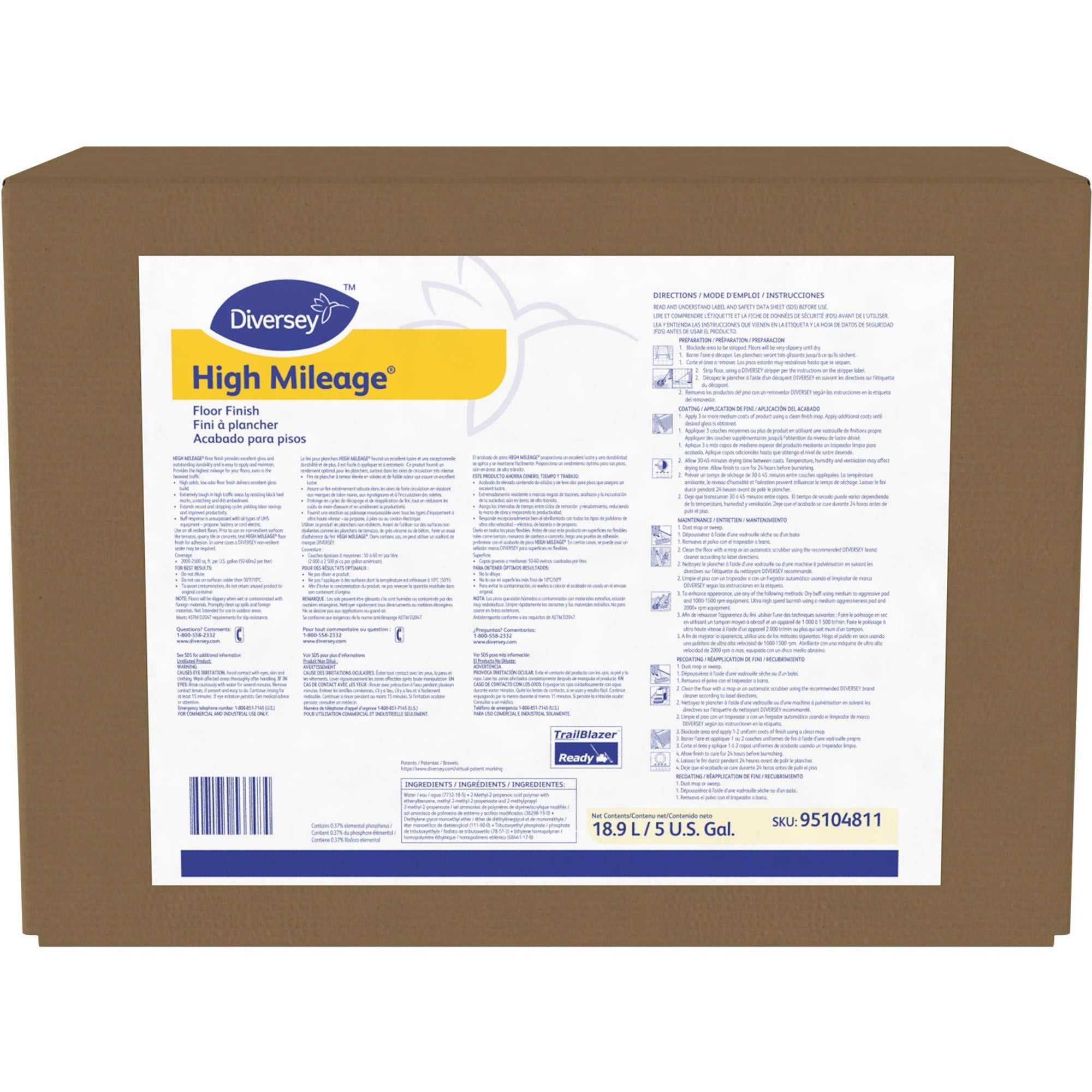 Diversey High Mileage Floor Finish - Ready-To-Use - 640 fl oz (20 quart) - Solvent Scent - 1 Each - Low Odor, Durable, Non-yellowing, Quick Drying, Slip Resistant - White