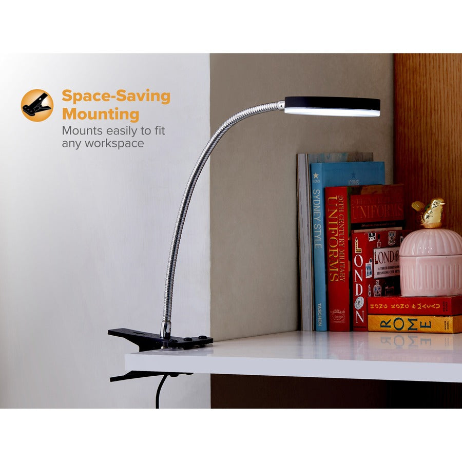 Bostitch Adjustable Clamp Desk Lamp, Black - 13.8" Height - 5.50 W LED Bulb - Polished Metal - Adjustable Head, Flicker-free, Flexible Neck - 500 lm Lumens - Frosted Glass - Desk Mountable - Black - for Desk