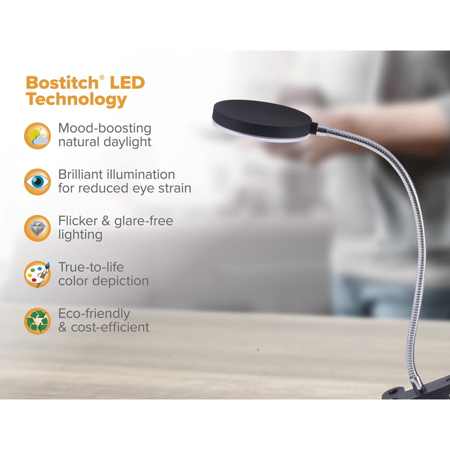 Bostitch Adjustable Clamp Desk Lamp, Black - 13.8" Height - 5.50 W LED Bulb - Polished Metal - Adjustable Head, Flicker-free, Flexible Neck - 500 lm Lumens - Frosted Glass - Desk Mountable - Black - for Desk