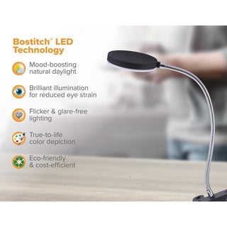 Bostitch Adjustable Clamp Desk Lamp, Black - 13.8" Height - 5.50 W LED Bulb - Polished Metal - Adjustable Head, Flicker-free, Flexible Neck - 500 lm Lumens - Frosted Glass - Desk Mountable - Black - for Desk