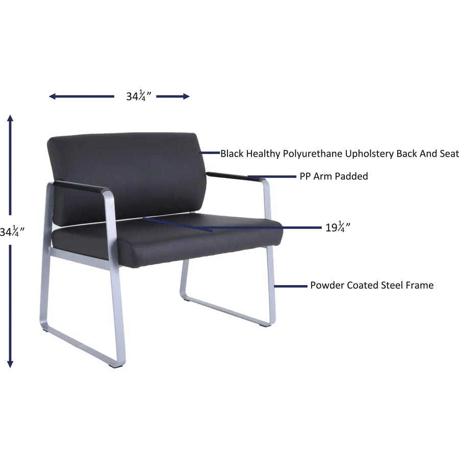 Lorell Healthcare Reception Big & Tall Sled Base Guest Chair - Silver Powder Coated Steel Frame - Sled Base - Black - Vinyl - 1 Each