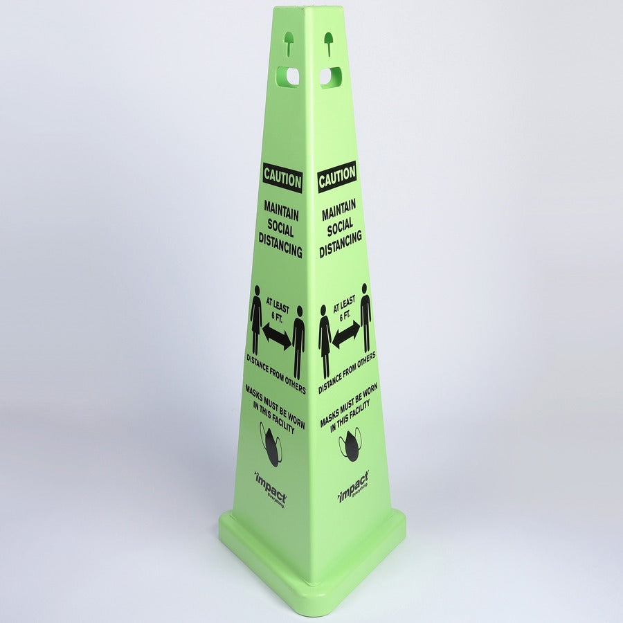 Impact TriVu Social Distancing 3 Sided Safety Cone - 1 Each - Caution Maintain Social Distancing Print/Message - 40" Height x 14.8" Depth - Cone Shape - Three-sided, UV Protected - Plastic - Fluorescent Yellow