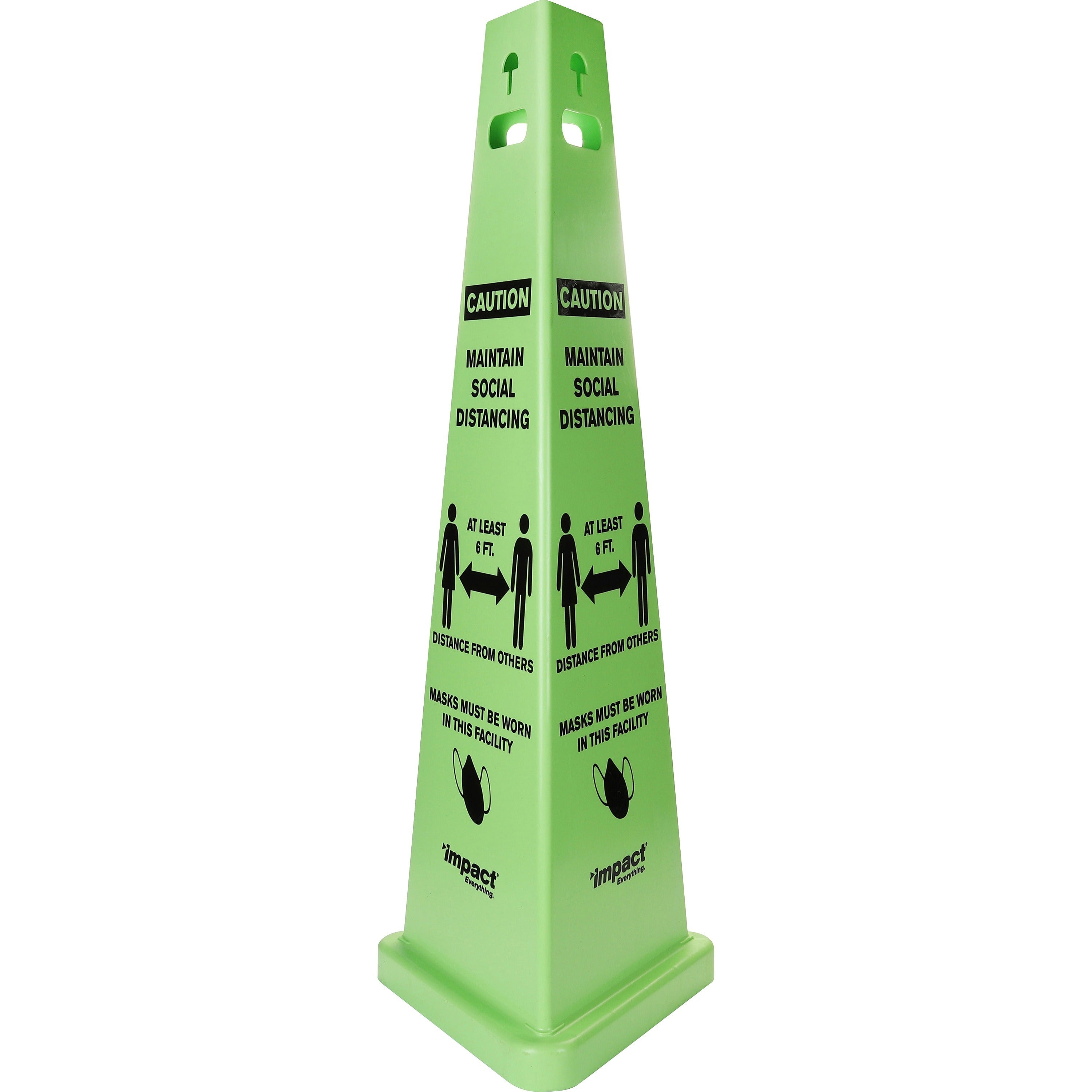 impact-trivu-social-distancing-3-sided-safety-cone-1-each-caution-maintain-social-distancing-print-message-40-height-x-148-depth-cone-shape-three-sided-uv-protected-plastic-fluorescent-yellow_imp9140sm - 1