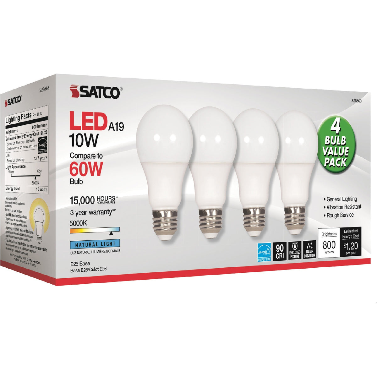 Satco 10W A19 LED 5000K Light Bulbs