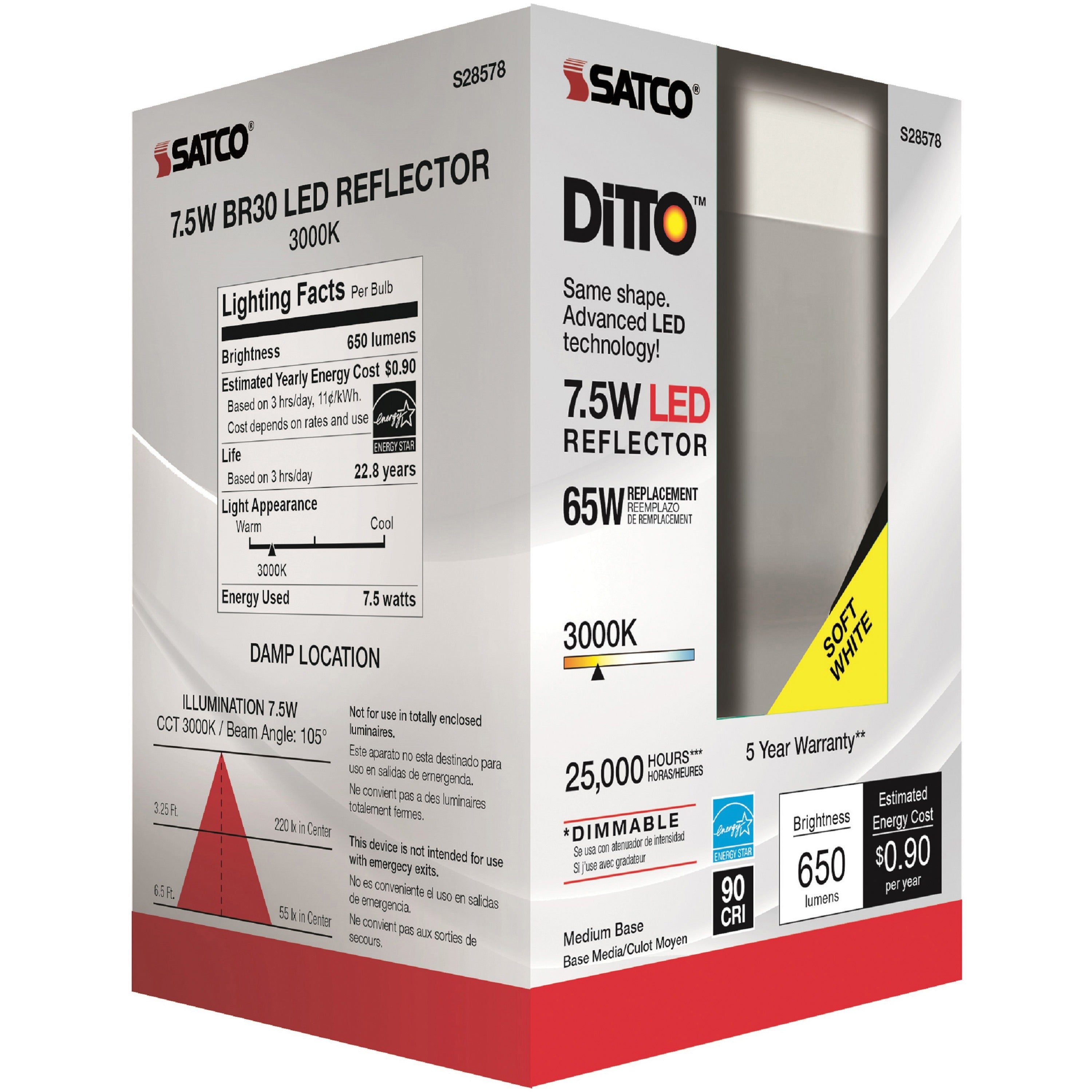 Satco 7.5W BR30 LED Bulb - 7.50 W - 65 W Incandescent Equivalent Wattage - 120 V AC - 650 lm - BR30 Size - Frosted White - Warm White Light Color - E26 Base - 25000 Hour - 4940.3degF (2726.8degC) Color Temperature - 93 CRI - 105deg Beam Angle -