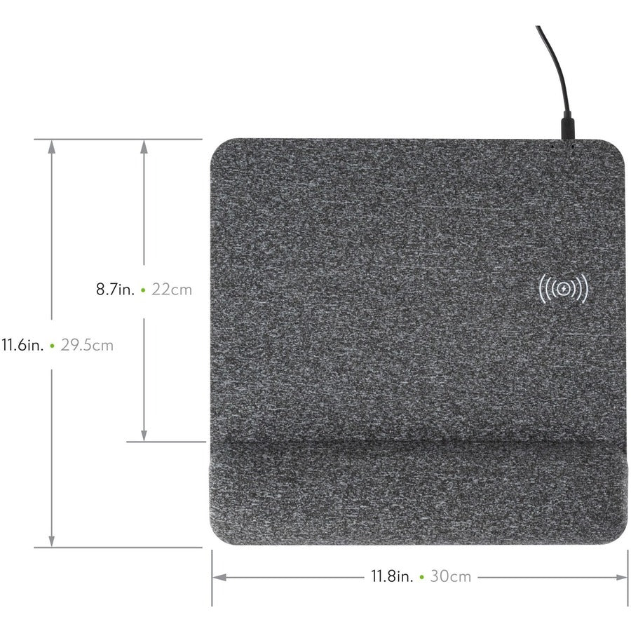 Powertrack Plush Wireless Charging Mouse Pad with Wrist Rest, 11.8 x 11.6, Gray
