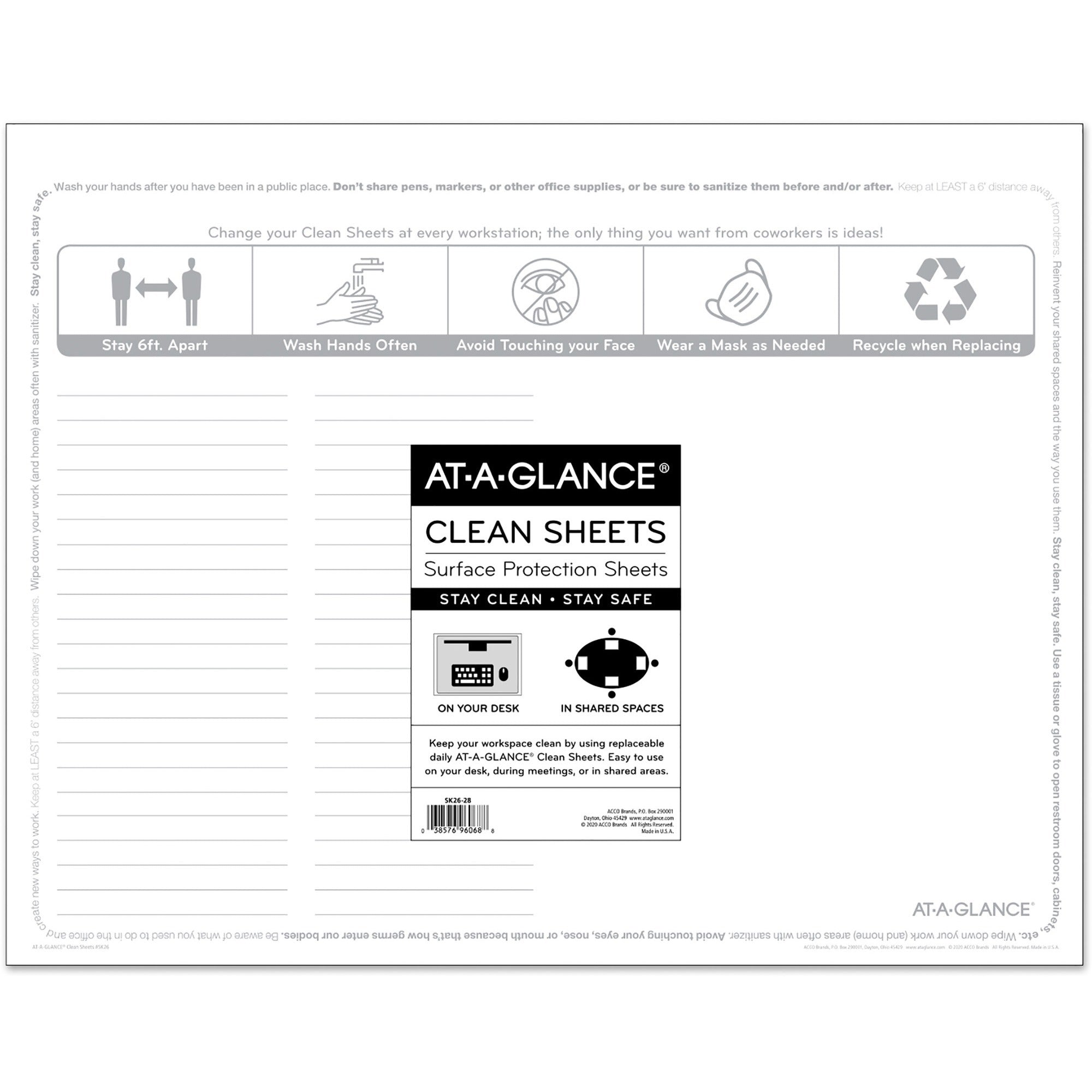 At-A-Glance Disposable Clean Sheets - Supports Desk - Rectangular - Disposable - White - 25 Pack - 1