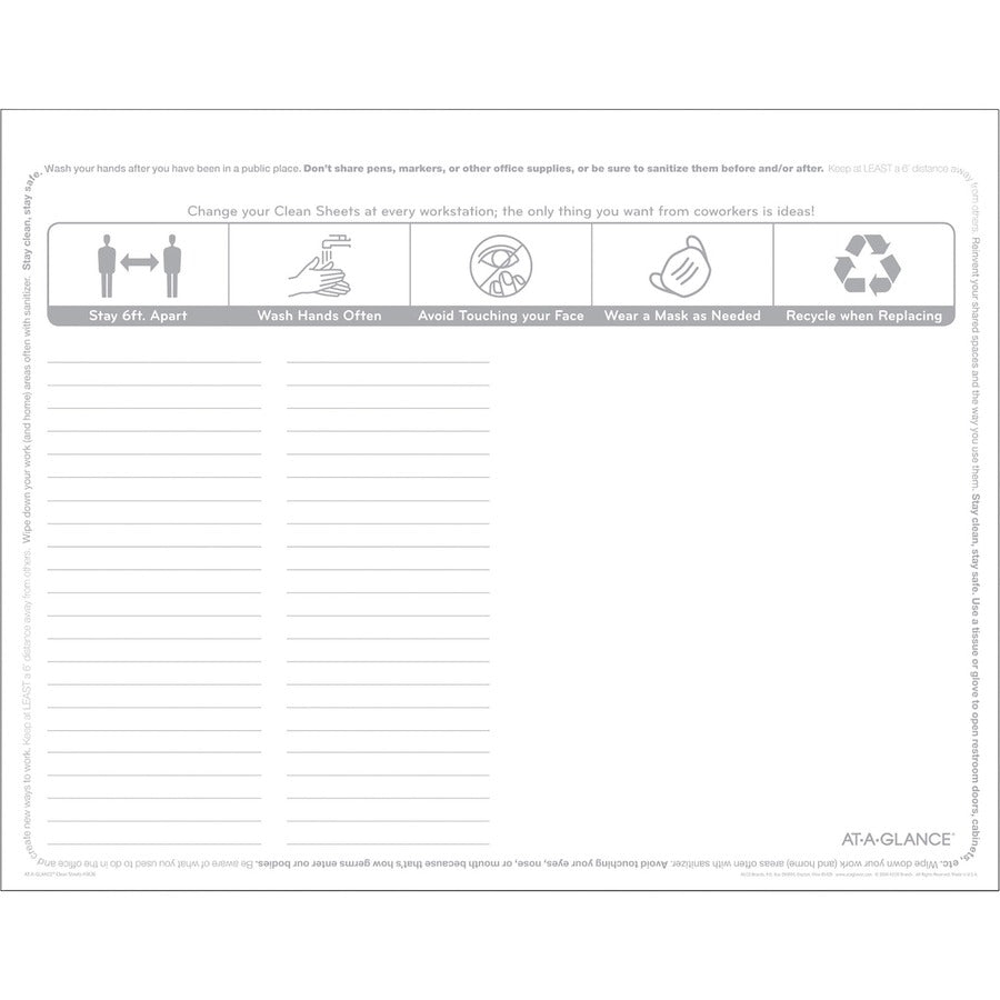At-A-Glance Disposable Clean Sheets - Supports Desk - Rectangular - Disposable - White - 25 Pack - 6