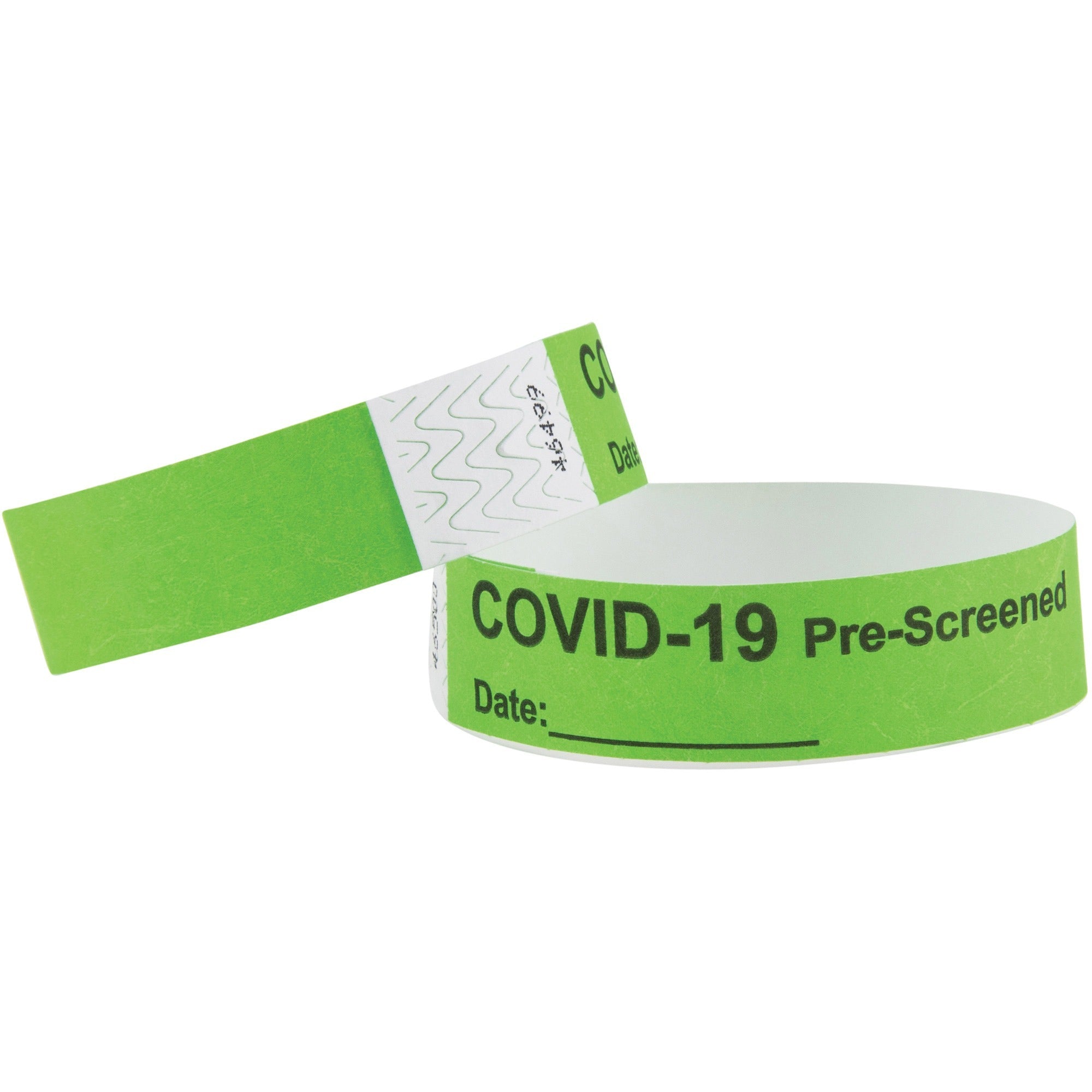 advantus-covid-prescreened-tyvek-wristbands-3-4-width-x-10-length-rectangle-green-tyvek-100-pack_avt76097 - 1