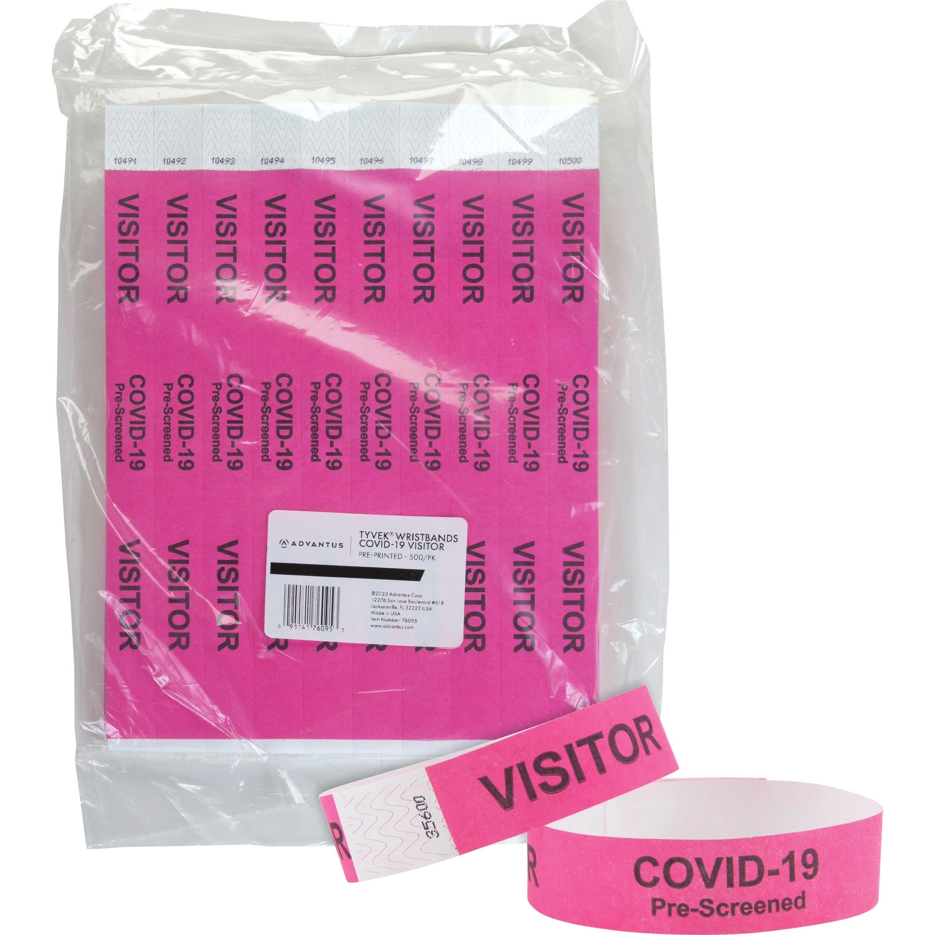 advantus-covid-prescreened-visitor-wristbands-3-4-width-x-10-length-rectangle-pink-tyvek-500-pack_avt76095 - 1