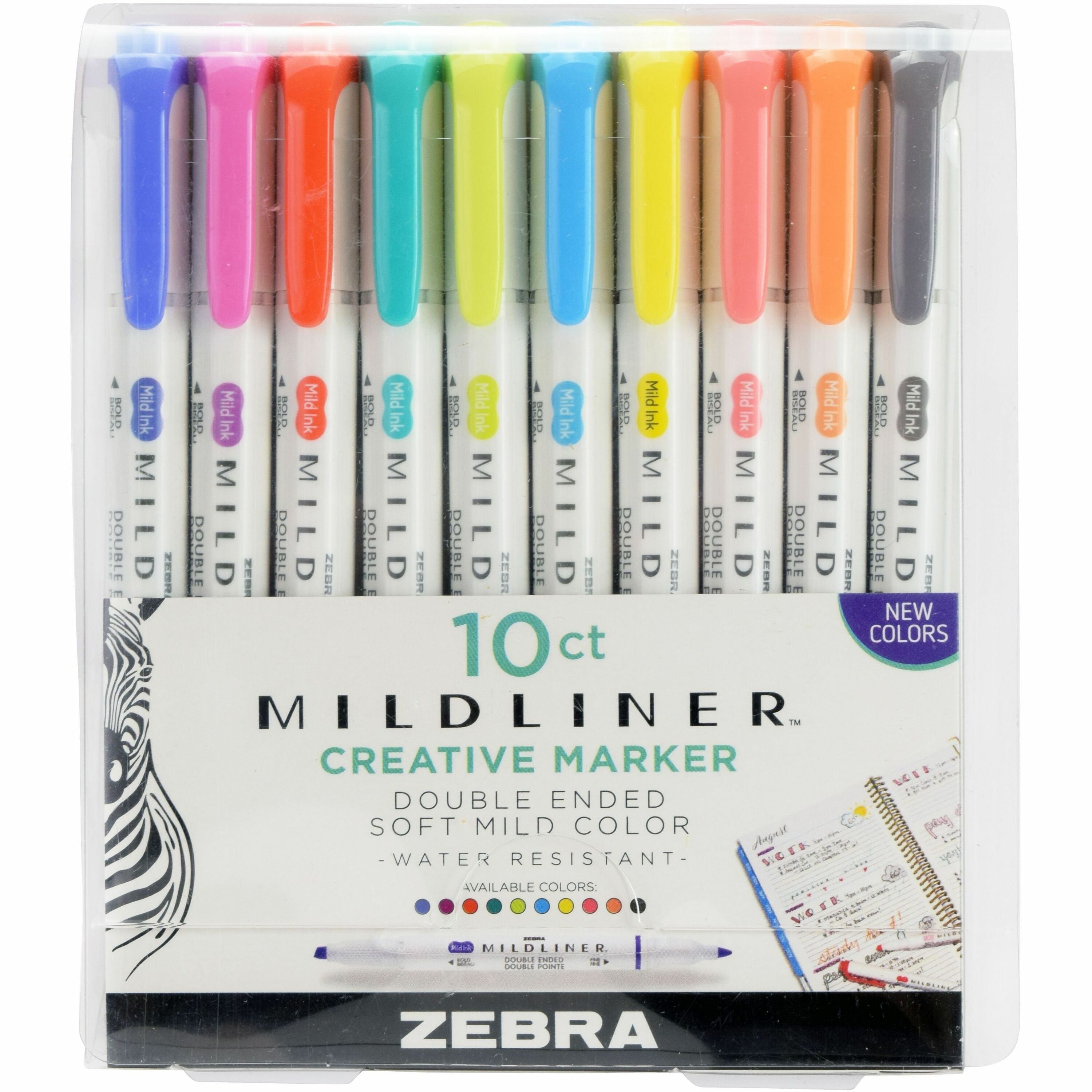 zebra-pen-mildliner-double-ended-assorted-highlighter-set-10pk-fine-bold-marker-point-bullet-chisel-marker-point-style-mild-lavender-mild-spring-green-mild-citrus-green-mild-marigold-mild-fuchsia-mild-dark-gray-mild-cyan-mild-coral-pin_zeb78501 - 1