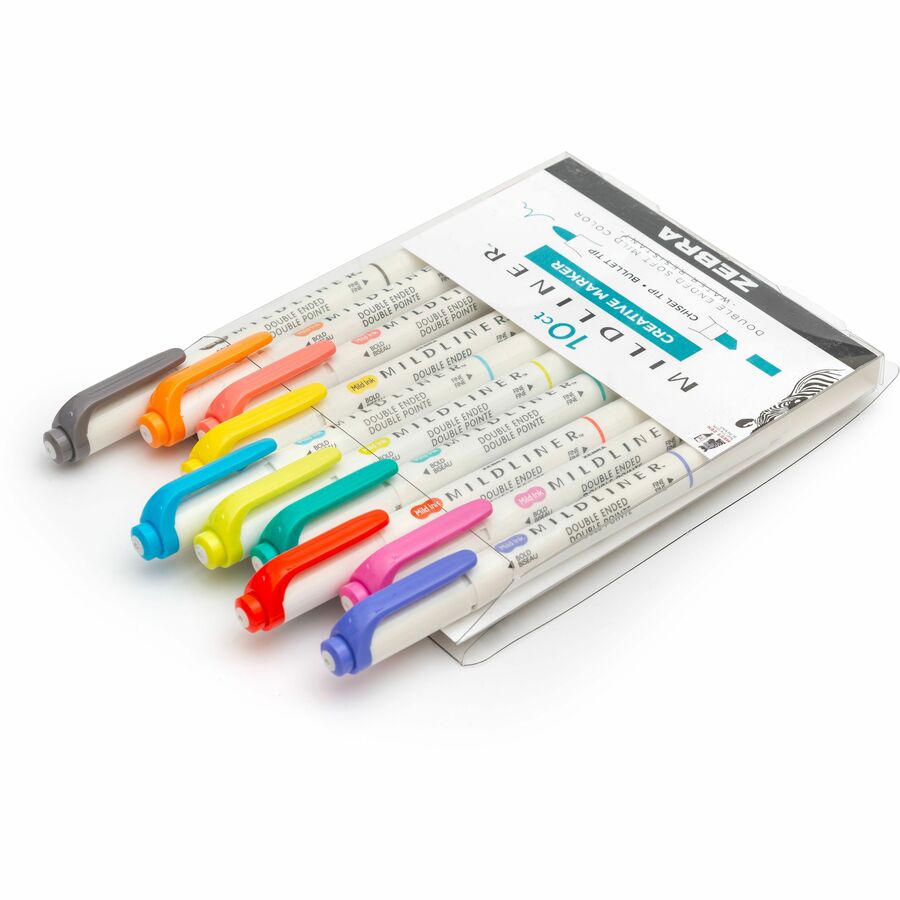 Zebra Pen Mildliner Double-ended Assorted Highlighter Set 10PK - Fine, Bold Marker Point - Bullet, Chisel Marker Point Style - Mild Lavender, Mild Spring Green, Mild Citrus Green, Mild Marigold, Mild Fuchsia, Mild Dark Gray, Mild Cyan, Mild Coral Pin
