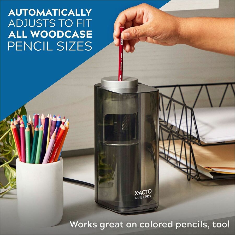 Model 1612 Quiet Pro Electric Pencil Sharpener, AC-Powered, 3 x 5 x 9, Black/Silver/Smoke