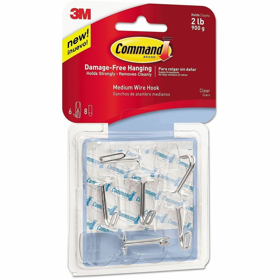 Clear Hooks and Strips, Medium, Plastic, 2 lb Capacity, 6 Hooks and 8 Strips/Pack