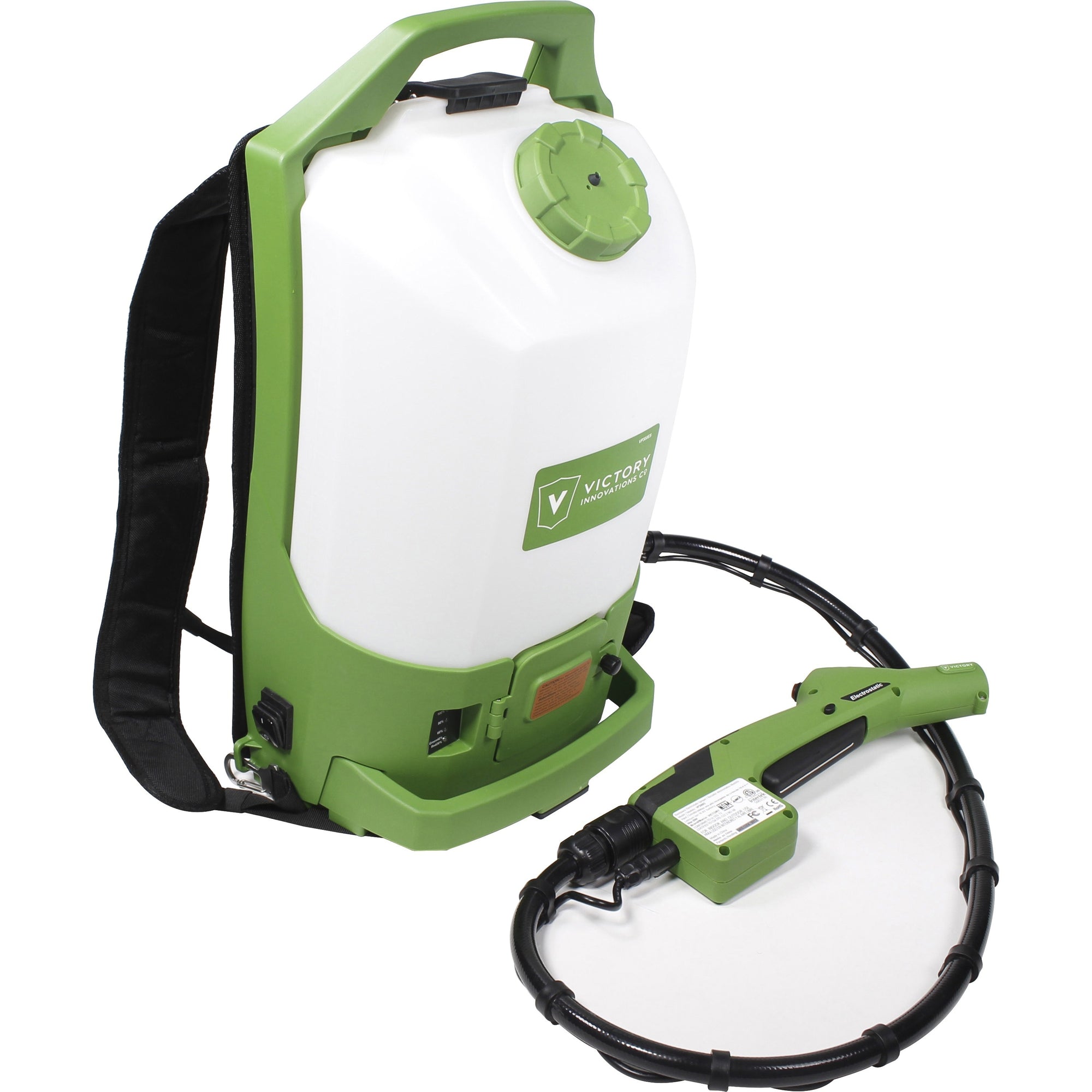 Professional Cordless Electrostatic Backpack Sprayer, 2.25 gal, 0.65" x 48" Hose, Green/Translucent White/Black