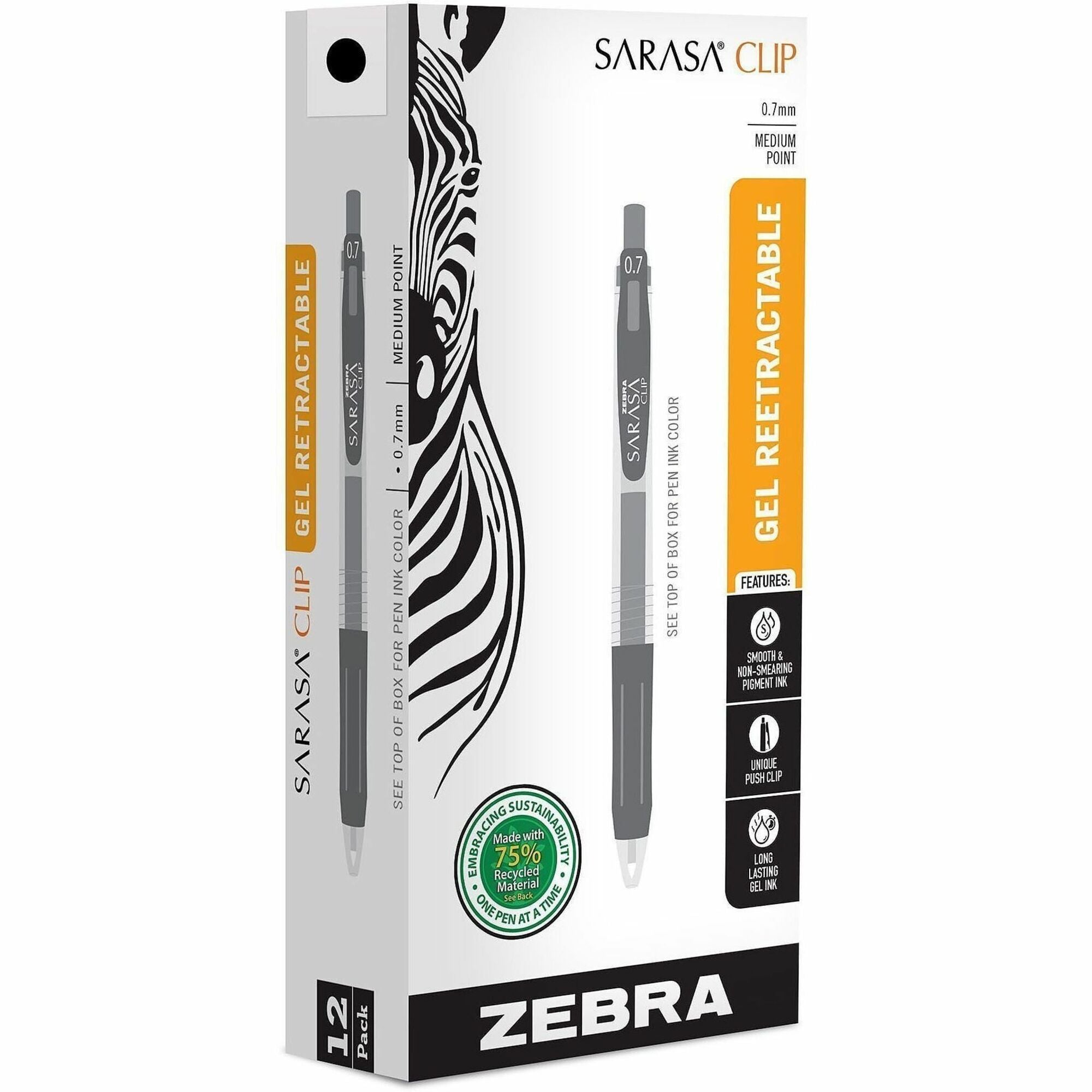 Sarasa Clip Gel Pen, Retractable, Medium 0.7 mm, Black Ink, Clear/Black Barrel, 12/Pack