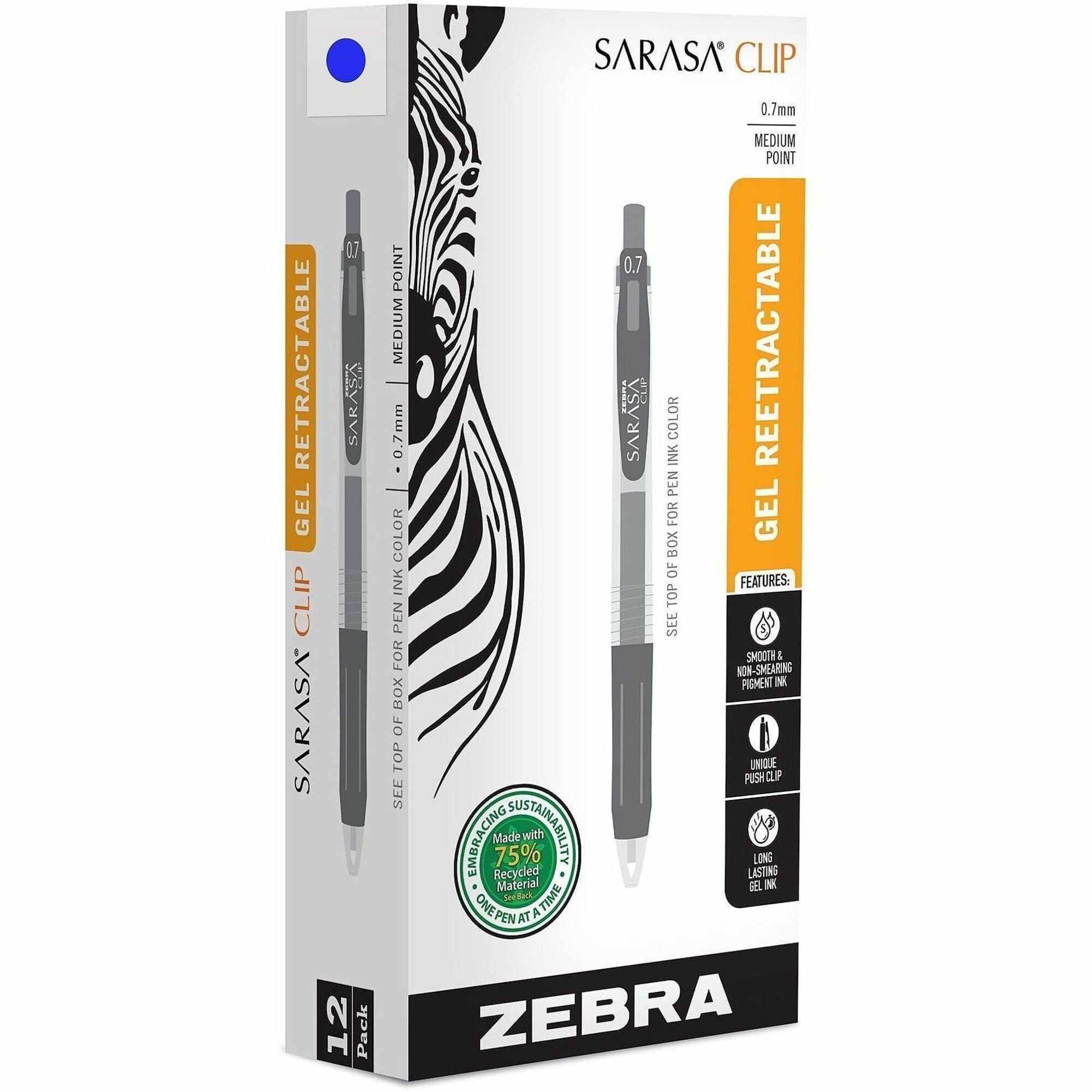 Sarasa Clip Gel Pen, Retractable, Medium 0.7 mm, Blue Ink, Clear/Blue Barrel, 12/Pack