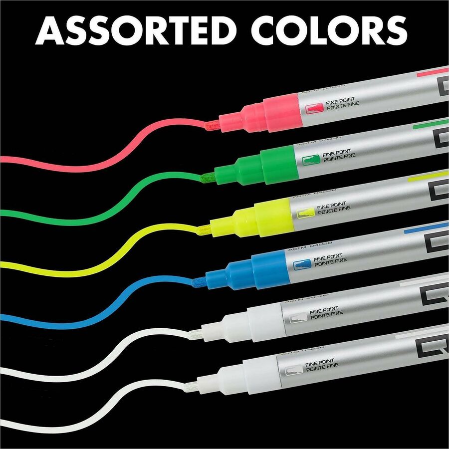 Quartet Glass Board Fine Tip Neon Markers - Fine Marker Point - Assorted Neon Liquid Ink - 6 / Pack