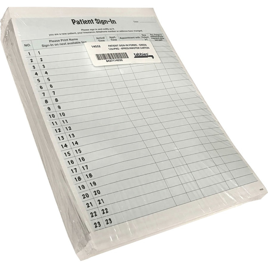 Tabbies Patient Sign-In Label Forms - 125 Sheet(s) - 11" x 8.50" Form Size - Letter - Green Sheet(s) - Paper - 125 / Pack - 
