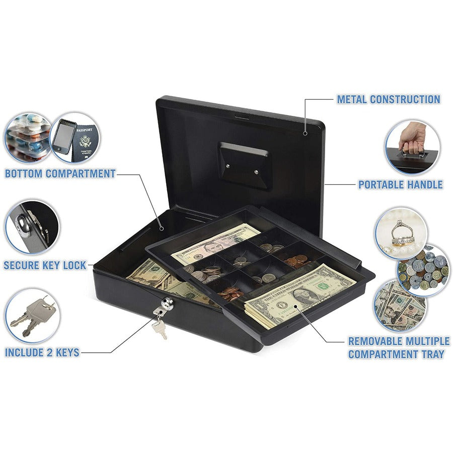 CARL Bill Tray Steel Security Cash Box - Steel - Black - 4" Height x 9" Width