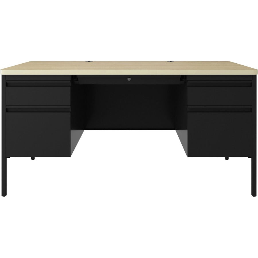 Lorell Fortress Series Double-Pedestal Teachers Desk - 60" x 29.5"30" , 0.8" Modesty Panel - Double Pedestal - T-mold Edge - Material: Steel - Finish: Maple, Black