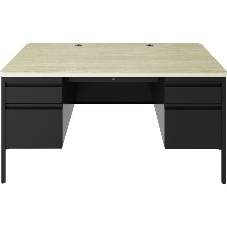 Lorell Fortress Series Double-Pedestal Teachers Desk - 60" x 29.5"30" , 0.8" Modesty Panel - Double Pedestal - T-mold Edge - Material: Steel - Finish: Maple, Black
