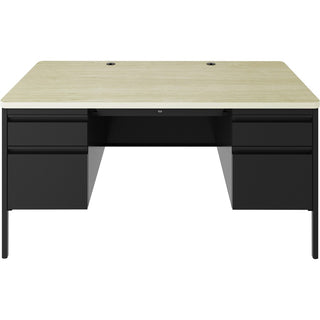 Lorell Fortress Series Double-Pedestal Teachers Desk - 60" x 29.5"30" , 0.8" Modesty Panel - Double Pedestal - T-mold Edge - Material: Steel - Finish: Maple, Black