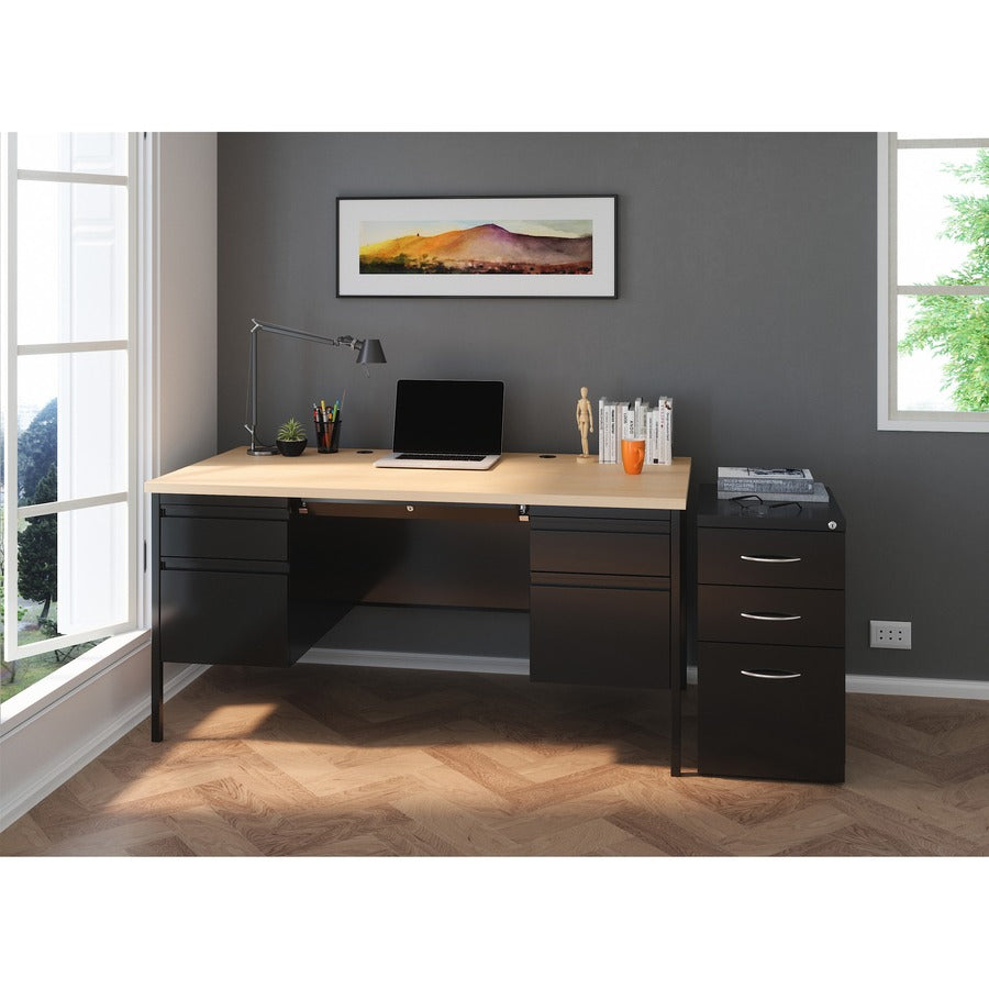 Lorell Fortress Series Double-Pedestal Desk - 60" x 29.5"30" , 1.1" Top, 0.8" Modesty Panel - File Drawer(s) - Double Pedestal - Square Edge - Material: Steel - Finish: Black