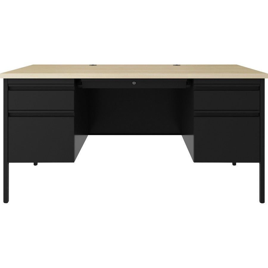 Lorell Fortress Series Double-Pedestal Desk - 60" x 29.5"30" , 1.1" Top, 0.8" Modesty Panel - File Drawer(s) - Double Pedestal - Square Edge - Material: Steel - Finish: Black