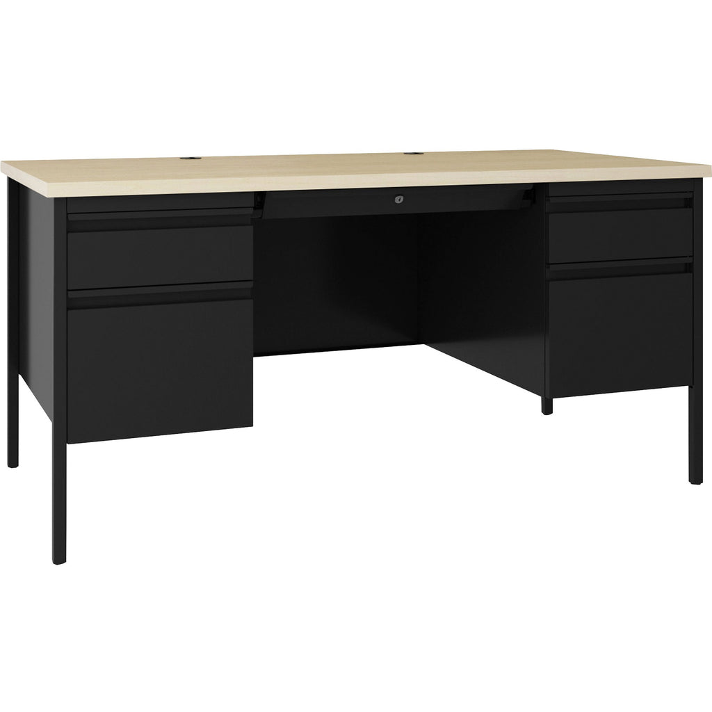 Lorell Fortress Series Double-Pedestal Desk - 60" x 29.5"30" , 1.1" Top, 0.8" Modesty Panel - File Drawer(s) - Double Pedestal - Square Edge - Material: Steel - Finish: Black